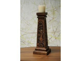 Carved Wood Pillar Candle Holder
