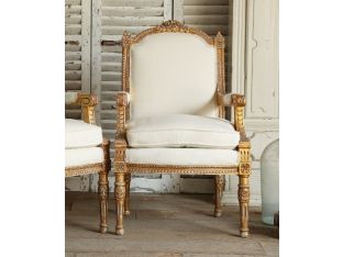 Vintage Louis XVI Gold Gilt Upholstered Square Back Arm Chair