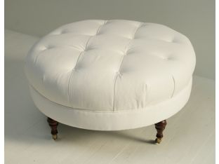 White Denim Tufted Ottoman with Turned Legs and Casters