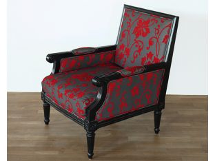 Black Lacquer Club Chair with Red and Gray Cut Velvet