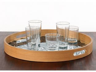 Teak Tray W/Blue Marigold Mirrored Base