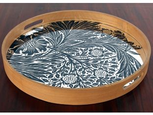 Teak Tray W/Blue Marigold Mirrored Base